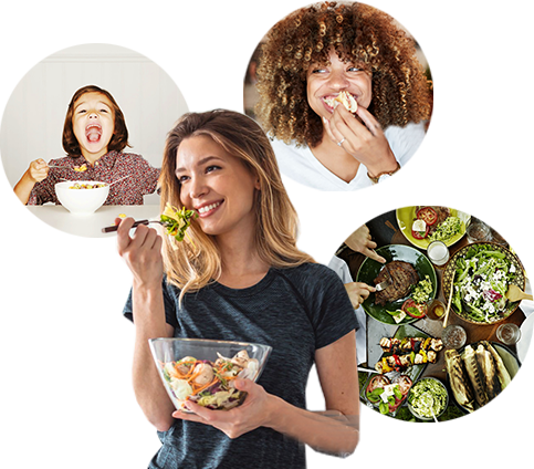 Diverse individuals enjoying a variety of foods enhanced with Amano Enzyme Solutions.