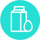 Icon of milk carton and egg, symbolizing creamier cheeses and longer shelf life, powered by Amano Enzyme solutions.